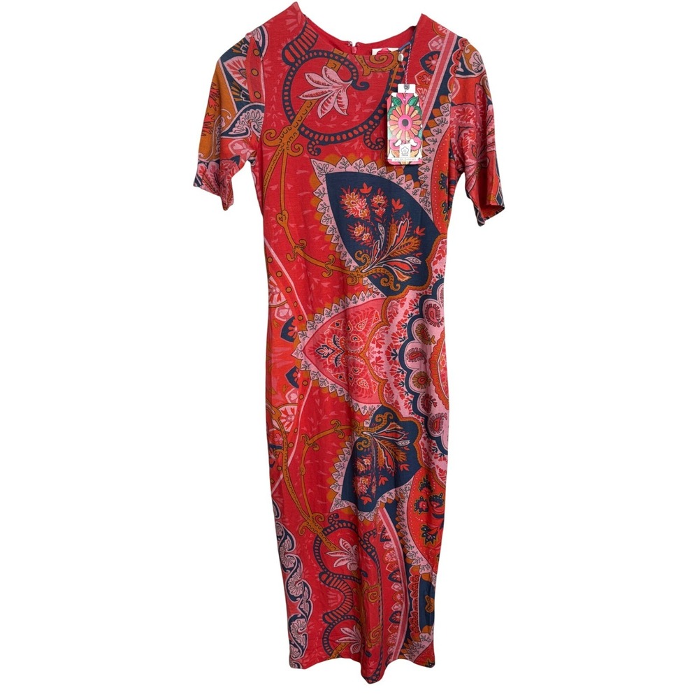 NWT Farm Rio for Anthropologie Paisley Midi Dress Orange Mot Small